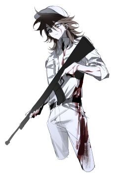 Rule 34 | 1boy, belt, black belt, blood, blood on arm, blood on clothes, blood on face, blood on hands, brown hair, chinese commentary, collared shirt, commentary request, cropped legs, gun, hair between eyes, hat, highres, holding, holding gun, holding weapon, isoi reiji, long hair, male focus, official alternate costume, pants, rifle, saibou shinkyoku, shiqian (kadkykhbvk), shirt, simple background, sleeves rolled up, solo, weapon, white background, white hat, white pants, white shirt