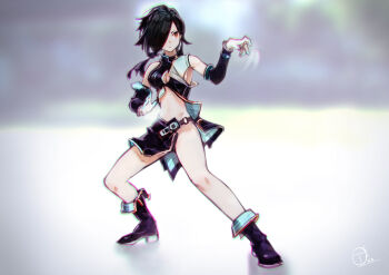 1girl absurdres belt black_hair blurry blurry_background breasts cleavage cleavage_cutout clothing_cutout detached_sleeves female_focus fight_stance fighting_pose fighting_stance highres long_hair okuto original red_eyes signature solo standing