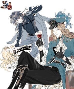 3girls augustus_(path_to_nowhere) chief_(path_to_nowhere) commentary czyw01 female_chief_(path_to_nowhere) highres incoming_attack langley_(path_to_nowhere) meme multiple_girls path_to_nowhere punching symbol-only_commentary thumbs_up white_background