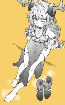 1girl antlers arknights blush boots feet highres horns leizi_(arknights) long_hair looking_at_viewer monochrome panaic pointy_ears shoes sitting steam thighhighs unworn_boots unworn_shoes