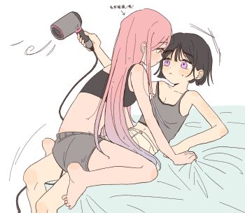 2girls alien_stage black_bra black_hair blue_hair bra camisole chinese_text coldmeow commentary gradient_hair grey_camisole grey_shorts hair_dryer hashtag-only_commentary highres holding holding_hair_dryer long_hair mizi_(alien_stage) multicolored_hair multiple_girls pink_hair purple_eyes short_hair shorts sua_(alien_stage) traditional_chinese_text two-tone_hair underwear very_long_hair white_shorts yellow_eyes yuri