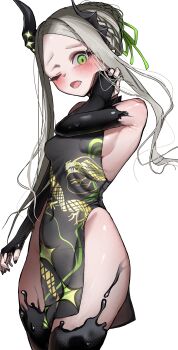 1girl absurdres black_horns black_liquid black_nails blue_archive breasts china_dress chinese_clothes commentary_request cosplay dragon_print dress fang forehead goddess_of_victory:_nikke green_eyes grey_hair hair_bun highres horns iwazaki kisaki_(blue_archive) kisaki_(blue_archive)_(cosplay) leviathan_(nikke) liquid_clothes long_hair looking_at_viewer one_eye_closed open_mouth pelvic_curtain pointy_ears print_dress sleeveless sleeveless_dress small_breasts very_long_hair