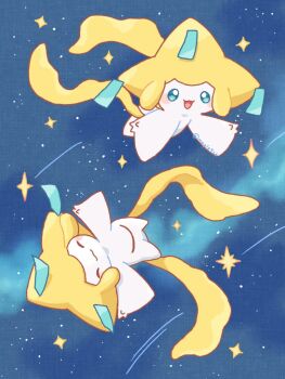 blue_background blue_eyes blush closed_eyes closed_mouth commentary_request floating gen_3_pokemon jirachi kana_(maple926) legendary_pokemon mythical_pokemon nintendo no_humans pokemon pokemon_(creature) pokemon_focus smile star_(symbol) twitter_username