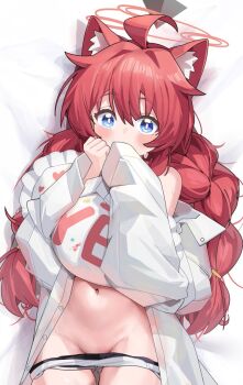 1girl ahoge animal_ear_fluff animal_ears black_shorts blue_archive braid cleft_of_venus clothes_pull covering_own_mouth halo highres hugging_object loli long_hair looking_at_viewer lying maki_(blue_archive) navel on_back oversized_clothes oversized_shirt patanda pillow pillow_hug pussy red_hair red_halo shirt shorts shorts_pull solo twin_braids white_shirt yes-no_pillow