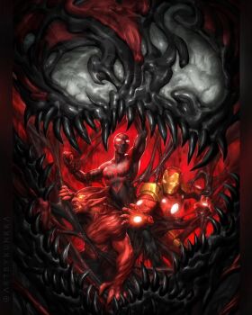 4boys arc_reactor armor black_bodysuit bodysuit carnage_(marvel) comic_cover commentary english_commentary highres iron_man iron_man_(series) kunkka male_focus marvel miles_morales monster_boy multicolored_armor multiple_boys muscular muscular_male norman_osborn official_art pointy_ears power_armor red_armor red_goblin_(marvel) sharp_teeth slime_boy spider-man spider-man_(miles_morales) spider-man_(series) spider-verse spider_web_print superhero_costume symbiote teeth tony_stark twitter_username yellow_armor