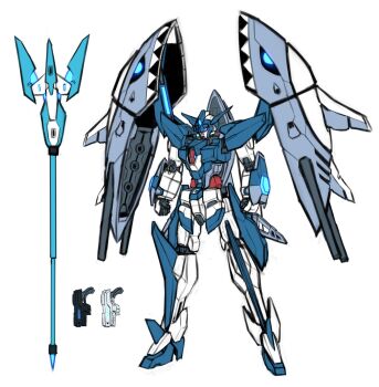 abyss_gundam beam_gun reference_sheet chest_cannon commentary english_commentary full_body gun gundam gundam_build_divers gundam_build_divers_re:rise gundam_seed gundam_seed_destiny handgun highres hololive hololive_english mecha mecha_focus mobile_suit no_humans pinguinkotak polearm redesign robot science_fiction shoulder_cannon standing trident v-fin weapon white_background