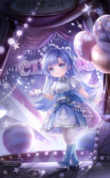 1girl artist_request ball balloon blue_boots blue_eyes blue_hair blue_skirt boots child circus curtains dark earrings eyelashes frilled_sleeves frilled_wrist_cuffs frills fringe_trim game_cg grey_ribbon grey_wrist_cuffs grin hair_ribbon haley&#039;s_circus_(shining_nikki) happy high-waist_skirt high_heel_boots high_heels highres indoors jewelry knees light_blush light_particles lolita_fashion long_hair marina_(shining_nikki) medium_skirt neck_ribbon nikki_(series) official_alternate_color official_art outstretched_hand pleated_skirt puffy_short_sleeves puffy_sleeves ribbon rope shining_nikki shirt short_sleeves sign skirt smile solo sparkle sphere_earrings stage star_(symbol) stiletto_heels string_of_light_bulbs tareme walking white_shirt wrist_cuffs