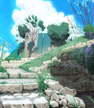 1boy 1girl animated animated_gif aymeric_kevin black_hair brown_hair bush chasing child cloud flower medium_hair non-web_source original scenery stairs studio_ghibli_(style)