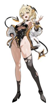 Rule 34 | 1girl, absurdres, ahoge, black choker, black leotard, black shoes, black socks, black tail, black thighhighs, blonde hair, breasts, character request, choker, commentary request, crossed bangs, facial mark, fang, full body, groin, hair ornament, hair ribbon, heart, heart facial mark, heart hair ornament, high heels, highleg, highleg leotard, highres, jacket, jacket partially removed, leotard, looking at viewer, medium breasts, medium hair, off shoulder, open mouth, orange eyes, orange ribbon, ribbon, scrunchie, shoes, simple background, single sock, single thighhigh, socks, solo, standing, strapless, strapless leotard, tail, thighhighs, thighs, torn clothes, torn leotard, torn socks, torn thighhighs, underboob, white background, white jacket, wrist scrunchie, x hair ornament, zutsuyaku