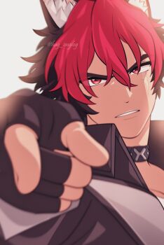 Rule 34 | 1boy, absurdres, animal ear fluff, animal ears, black gloves, black hair, blurry, blurry foreground, collar, crossed bangs, dog boy, dog ears, fingerless gloves, gloves, hag imglog, hair between eyes, hashtag-only commentary, highres, komano manato, male focus, multicolored hair, parted lips, pointing, pointing at viewer, portrait, red eyes, red hair, scar, scar on face, short hair, simple background, solo, twitter username, v-shaped eyebrows, white background, zenless zone zero