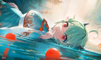 1girl ahoge aqua_kimono breasts commentary_request day dragon_print dutch_angle finger_to_mouth floating from_side green_eyes hair_spread_out hand_up index_finger_raised japanese_clothes kimono long_hair looking_at_viewer looking_to_the_side lying on_back original outdoors print_kimono red_eyes sena_8ito shushing small_horns solo turning_head