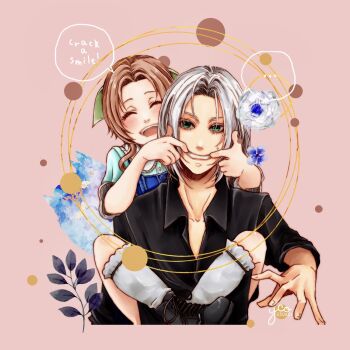 ... 1boy 1girl aerith_gainsborough aged_down artist_name black_boots black_shirt blue_dress boots brown_hair carrying child closed_eyes collared_shirt dress english_text final_fantasy final_fantasy_vii final_fantasy_vii_remake finger_in_another's_mouth green_eyes green_ribbon green_shirt grey_hair hair_ribbon highres official_alternate_costume open_mouth parted_bangs piggyback pink_background ribbon sephiroth shirt sidelocks smile socks spoken_ellipsis teeth twitter_username upper_body white_socks yco_030601