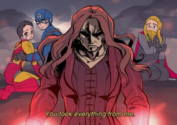 1girl 3boys animification armor artist_name avengers:_endgame avengers_(series) beard black_armor black_dress black_eyes black_gloves black_pants blonde_hair blue_bodysuit blue_eyes bodysuit breasts brown_eyes brown_hair cape captain_america closed_mouth collarbone collared_jacket dress english_text facial_hair full_armor gem gloves grey_armor grey_gloves grey_shirt grey_sky hand_up helmet iron_man jacket jewelry kadeart long_hair long_sleeves looking_at_another magic marvel marvel medium_breasts multicolored_armor multiple_boys necklace open_clothes open_jacket outdoors pants power_armor red_armor red_cape red_gemstone red_jacket scarlet_witch shirt short_hair sitting sky standing star_(symbol) steve_rogers striped superhero_costume tearing_up thor_(marvel) tony_stark v-shaped_eyebrows wanda_maximoff yellow_armor