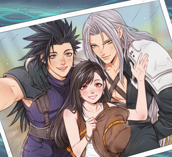 1girl 2boys armor bare_shoulders black_coat black_gloves black_hair blue_eyes blue_sweater blush brown_vest chest_strap coat commentary cowboy_hat crylin6 earrings english_commentary facial_scar final_fantasy final_fantasy_vii gloves green_eyes grey_hair grin hand_on_another's_shoulder hand_up hat height_difference holding holding_unworn_clothes holding_unworn_hat jewelry lifestream long_hair looking_at_viewer multiple_boys open_clothes open_mouth open_vest parted_bangs photo_(object) red_eyes ribbed_sweater scar scar_on_cheek scar_on_face sephiroth shoulder_armor sleeveless sleeveless_turtleneck smile spiked_hair sweater swept_bangs tank_top tifa_lockhart tifa_lockhart_(cowgirl) turtleneck turtleneck_sweater unworn_hat unworn_headwear vest white_tank_top zack_fair