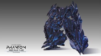 arm_blade blue_eyes character_name copyright_name front_mission gradient_background highres looking_down mecha no_humans open_hands robot science_fiction solo standing weapon yakutatazu_no_nikita