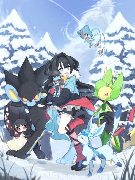 2girls 3others :< :o animal_hands antennae arthropod_girl artist_name azelf big_hair black_fur black_hair black_scarf black_shoes black_shorts black_skin blue_eyes blue_flower blue_fur blue_hair blue_skin blue_sky blush blush_stickers body_fur child closed_eyes closed_mouth cloud colored_sclera colored_skin commission covering_own_mouth day english_text extra_mouth eye_contact fang fingerless_gloves flat_chest floating flower forehead_jewel frilled_shorts frills full_body fur-trimmed_jacket fur_collar fur_trim furry furry_female gem gen_3_pokemon gen_4_pokemon gen_5_pokemon glaceon gloves grass green_skin hair_flower hair_ornament hand_to_own_mouth hand_up happy highres holding holding_pokemon holding_unworn_clothes holding_unworn_scarf hug jacket jewelry leavanny leg_up legendary_pokemon light_blush long_hair long_sleeves looking_at_another looking_down loose_socks luxray mawile multicolored_jacket multicolored_skin multiple_girls multiple_others multiple_tails necklace nintendo open_mouth orange_eyes original outdoors pale_skin pine_tree pokemon pokemon_(creature) red_eyes red_gemstone red_gloves red_sclera red_socks ringed_eyes riolu scarf sharp_teeth shirt shoes short_shorts shorts sidelocks signature sky smile snow socks sok_(mr14_c) standing standing_on_one_leg tail teeth tree twitter_username two-tone_fur two-tone_skin two_side_up two_tails u_u unworn_scarf walking watermark white_shirt wide_sleeves yellow_eyes yellow_pupils yellow_scarf yellow_skin