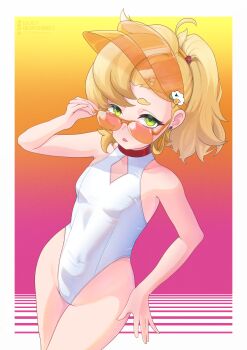 1girl absurdres blonde_hair blue_archive breasts clothing_cutout cosplay covered_navel diamond_cutout gradient_background green_eyes highleg highleg_one-piece_swimsuit highres loli long_hair one-piece_swimsuit open_mouth orange-tinted_eyewear piper_wheel raiso seia_(blue_archive) seia_(blue_archive)_(cosplay) seia_(swimsuit)_(blue_archive) side_ponytail small_breasts solo standing sunglasses swimsuit tinted_eyewear visor_cap white_one-piece_swimsuit yellow_visor zenless_zone_zero