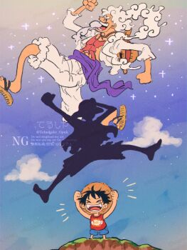 &gt;_&lt; 1boy aged_down arm_up arms_up black_hair blue_shorts child clenched_hands closed_eyes cloud commentary_request gear_fifth hagoromo hat monkey_d._luffy notice_lines one_piece profile purple_sash red_tank_top sandals sash scar scar_on_face shadow shawl short_hair shorts straw_hat tank_top telushake_opnk thick_eyebrows twitter_username white_hair white_shorts