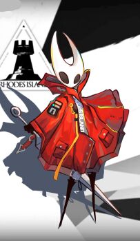 1girl adapted_costume arknights arthropod_girl badge belt black_eyes black_skin chuichuihuahewu colored_skin commentary english_commentary full_body highres holding holding_weapon hollow_knight hollow_knight:_silksong horned_mask hornet_(hollow_knight) jacket looking_at_viewer mask needle_(hollow_knight) red_jacket rhodes_island_logo_(arknights) standing weapon white_mask