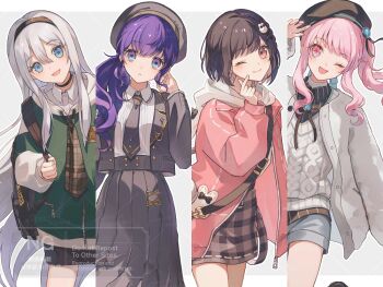 1other 25-ji_nightcord_de._(project_sekai) 3girls :d ;d akiyama_mizuki arm_up asahina_mafuyu beret black_hairband black_hat black_necktie black_skirt blue_eyes brown_eyes brown_hair closed_mouth column_lineup commentary_request cowboy_shot double-parted_bangs green_hoodie grey_background grey_hair grey_shorts hair_between_eyes hairband hat hood hood_down hoodie jacket kokuchiyou long_hair long_sleeves looking_at_viewer multiple_girls necktie one_eye_closed open_clothes open_jacket open_mouth parted_lips pink_hair plaid_clothes plaid_necktie plaid_skirt project_sekai purple_eyes purple_hair red_eyes shinonome_ena short_hair shorts side_ponytail skirt smile sweater swept_bangs watermark white_jacket white_sweater yoisaki_kanade