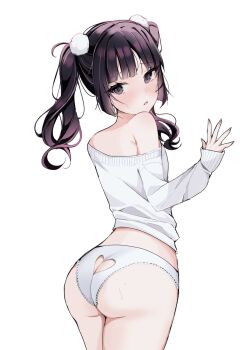 1boy artist_self-insert ass ass_cutout back brown_hair bun_cover butt_crack clothing_cutout crossdressing crossdressing_(mtf) grey_eyes heart_cutout highres indie_virtual_youtuber looking_back moenaomii moenaomii_(artist) off_shoulder panties single_bare_shoulder solo trap twintails underwear virtual_youtuber white_background white_panties