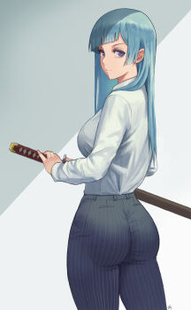 1girl ass blue_eyes blue_hair collared_shirt diagonal_bangs from_behind highres holding holding_sword holding_weapon jujutsu_kaisen light_blue_hair long_hair miwa_kasumi pants pinstripe_pants pinstripe_pattern sheath shirt shirt_tucked_in solo striped_clothes striped_pants sword weapon white_shirt zefrableu