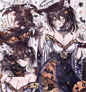 1girl alternate_costume animal_ears bat_(animal) bat_wings breasts brown_hair chinese_clothes choker cleavage commentary dress english_commentary fox_ears fox_girl green_eyes hair_ornament hairclip halloween hand_fan hashtag-only_commentary highres honkai:_star_rail honkai_(series) jack-o&#039;-lantern large_breasts nail_polish off_shoulder one_eye_closed ponytail pumpkin_print sash tingyun_(honkai:_star_rail) usa_(usagi_minku) wings