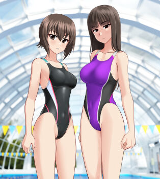 2girls absurdres black_eyes black_one-piece_swimsuit blunt_bangs breasts brown_eyes brown_hair commentary_request competition_swimsuit covered_navel cowboy_shot girls_und_panzer glass_ceiling highleg highleg_one-piece_swimsuit highres indoors large_variant_set long_hair mature_female medium_breasts mother_and_daughter multicolored_swimsuit multiple_girls nishizumi_maho nishizumi_shiho one-piece_swimsuit pool purple_one-piece_swimsuit short_hair string_of_flags swimsuit takafumi variant_set