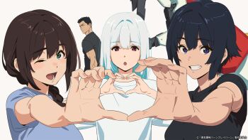 2boys ao_isami black_hair bravern cel_shading fujoshi giant_hand hibiki_rio highres looking_at_viewer lulu_(bang_bravern) miyu_katou multiple_boys official_art open_mouth robot shirt short_hair upper_body yuuki_bakuhatsu_bang_bravern