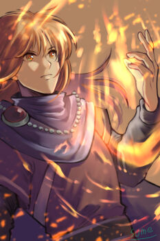 Rule 34 | artist name, cape, fire, jewelry, long hair, male focus, necklace, orange eyes, red hair, rishel, solo, sparkle, sumeragi (black rose), tear ring saga, tear ring saga: yutona eiyuu senki