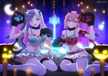 2girls 3d animal_ears animal_hands bare_shoulders bell belt belt_around_waist bikini blonde_hair blue_eyes blush braid breasts brown_hair candle cat_ears cat_tail cleavage closed_mouth copyright_name crossed_legs detached_sleeves fake_animal_ears flower fur_collar fur_thigh_strap gloves green_eyes hair_flower hair_ornament halloween halloween_costume highres hinano_hoshikita indoors jack-o&#039;-lantern large_breasts long_hair looking_at_viewer medium_breasts midriff miniskirt mons_pubis moon multicolored_hair multiple_girls navel neck_bell official_art open_mouth paw_gloves paw_pose pole_princess!! puffy_short_sleeves puffy_sleeves pumpkin short_sleeves sitting skirt smile swimsuit tail tousaka_mio twintails two-tone_hair wariza