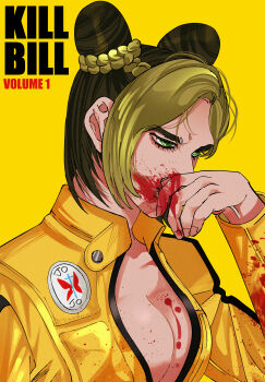 Rule 34 | 1girl, absurdres, beatrix kiddo, beatrix kiddo (cosplay), black hair, blood, blood on breasts, blood on face, blood on hands, braid, breasts, bun with braided base, cleavage, commentary, copyright name, cosplay, danggo99, double bun, green eyes, grey hair, hair bun, highres, jojo no kimyou na bouken, jumpsuit, kill bill, korean commentary, kuujou jolyne, medium breasts, multicolored hair, nosebleed, profile, solo, stone ocean, two-tone hair, upper body, yellow jumpsuit