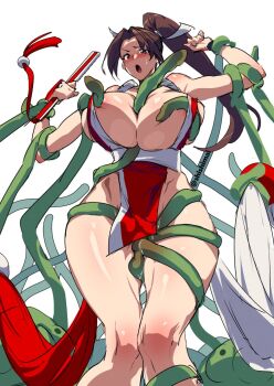 1girl areola_slip assisted_exposure bare_shoulders bdsm blush breasts breasts_squeezed_together brown_eyes brown_hair cleavage clothing_cutout collarbone curvy hand_fan held_up highres hip_bones hip_vent hourglass huge_breasts imminent_penetration imminent_rape imminent_vaginal legs_together long_hair low_wings molestation no_bra no_panties open_mouth ponytail pussy_juice restrained sexual_abuse shiny_skin shiranui_mai shishimai33 sweat tentacles the_king_of_fighters thick_thighs thighs tongue undressing wide_hips wings