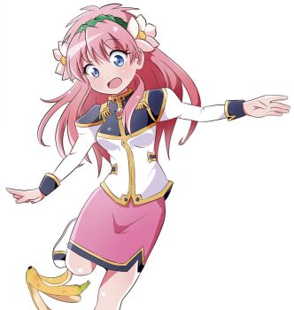 Rule 34 | 1girl, banana, banana peel, blue eyes, breasts, cowboy shot, flower, food, fruit, galaxy angel, green hairband, hair flower, hair ornament, hairband, highres, long hair, long sleeves, looking down, medium breasts, milfeulle sakuraba, military uniform, monocle, monocle chain, new yorker (togawa hamasaki), open mouth, pencil skirt, pink hair, skirt, slipping, solo