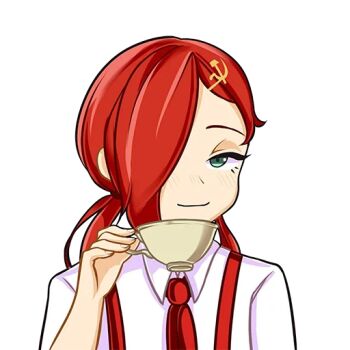 aqua_eyes artist_request communism-chan cup dress_shirt hammer_and_sickle holding holding_cup narrowed_eyes necktie non-web_source one_eye_covered original red_hair red_necktie shirt short_sleeves smirk smug strap_pull teacup tongue transparent_background white_shirt