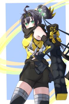 Rule 34 | bare shoulders, black hair, breasts, commentary, duel monster, english commentary, green eyes, hideharu, highres, holding, holding kunai, holding weapon, kunai, leotard, multicolored hair, s-force rappa chiyomaru, s:p little knight, simple background, solo, streaked hair, two-tone hair, weapon, yellow leotard, yu-gi-oh!