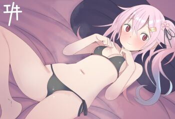 1girl alternate_costume bed bed_sheet bikini black_bikini blanket blue_hair blush embarrassed enoki_p gradient_hair hair_ornament hair_ribbon harusame_(kancolle) indoors kantai_collection long_hair looking_at_viewer lying multicolored_hair on_bed pillow pink_hair red_eyes ribbon side_ponytail solo swimsuit
