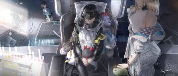 Rule 34 | 0 0, 3girls, absurdres, animal ears, arknights, arknights: endfield, bare shoulders, bird ears, bird girl, black coat, black hair, black pantyhose, blue jacket, chain, chen qianyu (arknights), chongyue (arknights), clipboard, coat, commentary, dragon bean (arknights), dragon girl, dragon horns, dragon tail, dress, drooling, dusk (arknights), endfield uniform, endministrator (arknights), eye mask, female endministrator (arknights), grey sweater, highres, holding, holding clipboard, horns, jacket, jacket partially removed, ling (arknights), long hair, mask, multiple girls, neck pillow, nian (arknights), open clothes, open coat, pantyhose, perlica (arknights), pillow, shi3, shu (arknights), signature, sleeveless, sleeveless dress, sweater, tail, twintails, white dress, white jacket, yu (arknights)