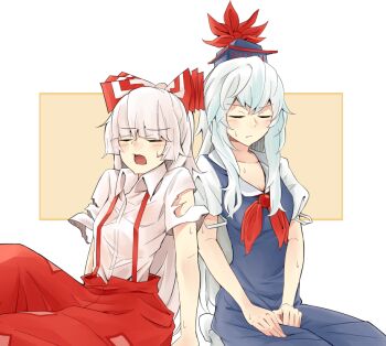 2girls blue_dress blue_hat blush breasts cleavage closed_eyes collarbone commentary dress fujiwara_no_mokou hat hot kamishirasawa_keine kauchipoteto long_hair multiple_girls open_mouth pants red_pants shirt simple_background sitting straight_hair suspender_pants sweat torn_clothes torn_shirt touhou very_long_hair white_hair white_shirt