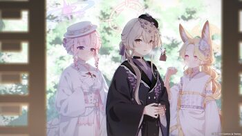 2026 3girls alternate_costume alternate_hairstyle animal_ear_fluff animal_ears blonde_hair blue_archive bow brown_hair closed_mouth fox_ears fox_girl gloves hair_bow halo hand_up hat highres long_hair long_sleeves looking_at_viewer mika_(blue_archive) mika_(new_year)_(blue_archive) multiple_girls nagisa_(blue_archive) nagisa_(new_year)_(blue_archive) official_art outdoors parted_lips pink_hair seia_(blue_archive) seia_(new_year)_(blue_archive) smile white_gloves white_hat wide_sleeves yellow_eyes