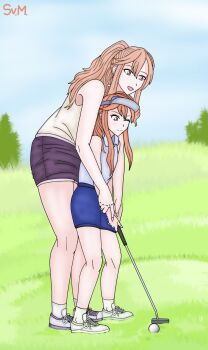 2girls absurdres azur_lane blue_sky brown_hair clemenceau_(azur_lane) golf highres mother_and_daughter multiple_girls sky
