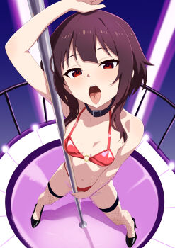 1girl arm_up bare_arms bare_shoulders belt_collar bikini black_collar blush breasts brown_hair choker collar collarbone fishnet_thighhighs fishnets foreshortening from_above full_body high_heels holding holding_pole kono_subarashii_sekai_ni_shukufuku_wo! loli looking_at_viewer masturbation megumin navel o-ring o-ring_top open_mouth pole pole_dancing pussy_juice red_bikini red_eyes ryo4423 saliva short_hair short_hair_with_long_locks sidelocks small_breasts solo standing stomach stripper stripper_pole sweat swimsuit teeth thighhighs tongue tongue_out upper_teeth_only