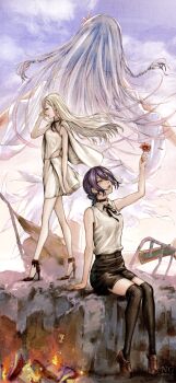 3girls absurdres ankle_bow ankle_ribbon arm_up black_choker black_ribbon black_thighhighs blue_hair bow braid braided_sidelocks brown_shoes burning capelet chainsaw_man choker clothing_cutout cloud cloudy_sky collared_shirt commentary_request double-parted_bangs dress earrings eto_384 facing_away flower gem gigi_andalusia green_eyes grenade_pin gundam gundam_hathaway's_flash hair_between_eyes hair_bun hair_flower hair_ornament harmony_(project_itoh) high-waist_skirt high_heels highres holding holding_flower jewelry loafers long_hair long_legs looking_at_viewer medium_hair mihie_miach miniskirt multiple_girls neck_ribbon open_mouth penny_loafers petals pink_gem project_itoh purple_hair red_flower red_nails ribbon ruins shirt shoes single_hair_bun sitting skindentation skirt sky sleeveless standing thighhighs ueda_reina watermark white_dress white_shirt