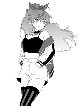 1girl antenna_hair armpit_crease bow breasts camisole chain chain_necklace choker closed_mouth cowboy_shot crop_top earrings fang floating_hair ganaha_hibiki greyscale hair_bow hands_in_pockets highres idolmaster idolmaster_(classic) idolmaster_million_live! idolmaster_million_live!_theater_days jacket jacket_partially_removed jewelry letterman_jacket long_hair long_sleeves looking_to_the_side matcha_kingyo medium_breasts midriff monochrome necklace official_alternate_costume ponytail shorts simple_background solo spaghetti_strap striped_clothes striped_thighhighs sukajan_gyarus_(idolmaster) thighhighs vertical-striped_clothes vertical-striped_thighhighs white_background