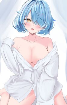 1girl absurdres breasts cleavage collarbone collared_shirt commentary_request eyes_visible_through_hair hair_over_one_eye highres hololive large_breasts long_sleeves looking_at_viewer open_mouth shirt short_hair sleeves_past_fingers sleeves_past_wrists smile waniwani_(wasabiwaniwani) white_shirt yellow_eyes yukihana_lamy
