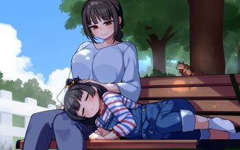 Rule 34 | 2girls, bench, black hair, blue overalls, blue pants, blue shirt, blunt bangs, blush, breasts, commentary request, commission, hand on another's head, highres, huge breasts, idolmaster, idolmaster million live!, kwaejina, lap pillow, mother and daughter, multiple girls, nakatani iku, nakatani iku's mother, on bench, one side up, outdoors, overall shorts, overalls, pants, park bench, pixiv commission, red eyes, shirt, sidelocks, sitting, smile, squirrel, striped clothes, striped shirt, tree, v-neck
