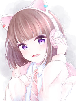 1girl :d animal_ear_headphones animal_ears blunt_bangs blunt_ends bob_cut brown_hair cat_ear_headphones cat_ears collared_shirt commentary_request diagonal-striped_clothes diagonal-striped_necktie dress_shirt fake_animal_ears futaba2328 grey_background headphones highres hood hooded_jacket ikizulive!_love_live!_bluebird jacket long_sleeves looking_at_viewer love_live! necktie open_clothes open_jacket open_mouth orange_necktie purple_eyes sasaki_shion school_uniform shirt short_hair simple_background smile solo striped_clothes white_jacket white_shirt