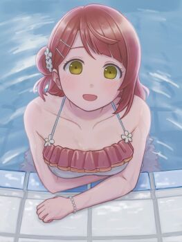 1girl :d arm_under_breasts bikini blunt_bangs blush breasts collarbone commentary flower frilled_bikini frills hair_bun hair_flower hair_ornament hairclip half_updo haruco_(86co) hashtag-only_commentary highres looking_at_viewer love_live! love_live!_nijigasaki_high_school_idol_club love_live!_nijigasaki_high_school_idol_club_the_movie_-_finale medium_breasts medium_hair official_alternate_costume open_mouth pink_bikini pink_hair pool poolside ripples single_side_bun smile solo swept_bangs swimsuit uehara_ayumu white_bikini white_flower yellow_eyes