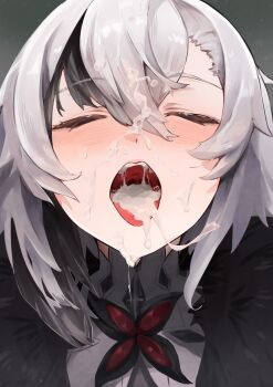 1girl absurdres after_fellatio arlecchino_(genshin_impact) black_streaks blush closed_eyes commentary_request cum cum_in_mouth cum_on_body dental_filling facial facing_viewer fatui_coat fur_trim genshin_impact grey_hair hair_between_eyes highres inlay medium_hair mouth_focus multicolored_hair open_mouth portrait ramsar realistic_teeth solo straight-on streaked_hair teeth tongue tongue_out uvula variant_set