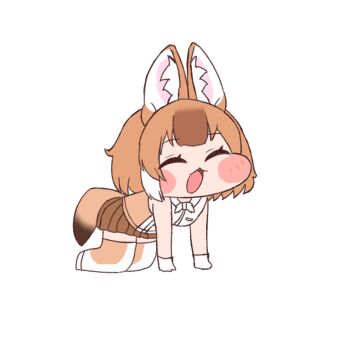 Rule 34 | 1girl, animal ears, brown hair, commentary request, dhole (kemono friends), extra ears, full body, gloves, highres, kemono friends, looking at viewer, mayo3432, meme, parody, shirt, shoes, short hair, simple background, skirt, sleeveless, sleeveless shirt, solo, speakiposting (meme), tail, thighhighs, trickcal, wolf ears, wolf girl, wolf tail